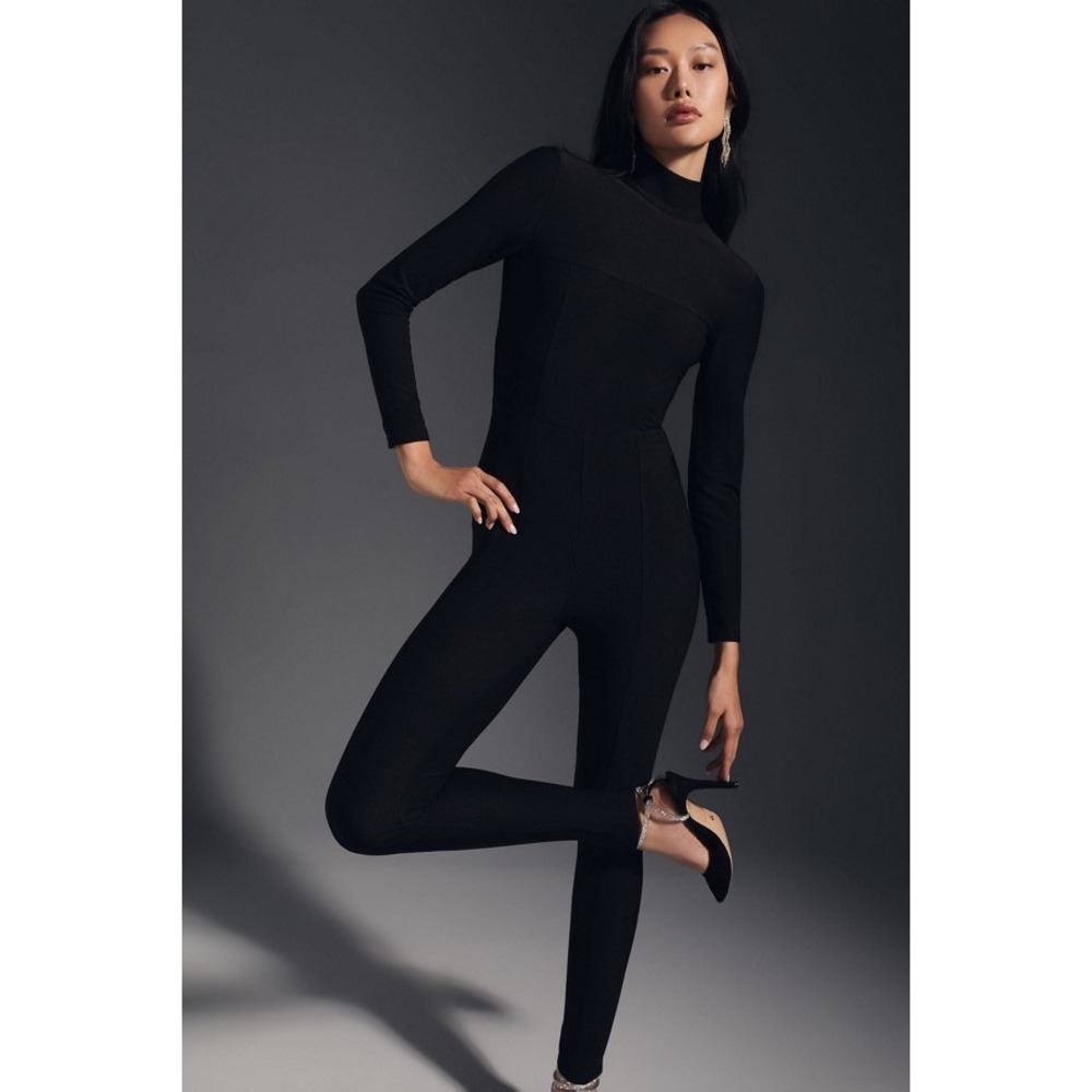 Anthropologie Black Ribbed Knit Open Back Mock Neck Jumpsuit Catsuit
